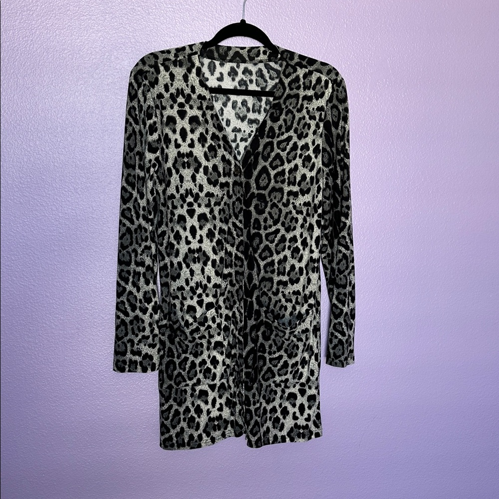 Leopard Print Open Front Button Down Cardigan with Front Pockets